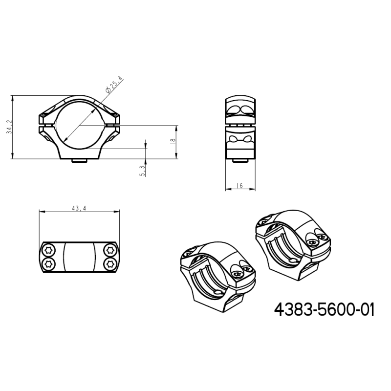 1 tomme kikkertmontageringe [25,4mm] | to-delt Picatinny QD Ergo base 