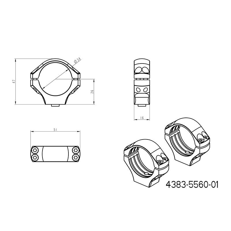 34mm kikkertmontageringe | lang Picatinny QD Ergo base 