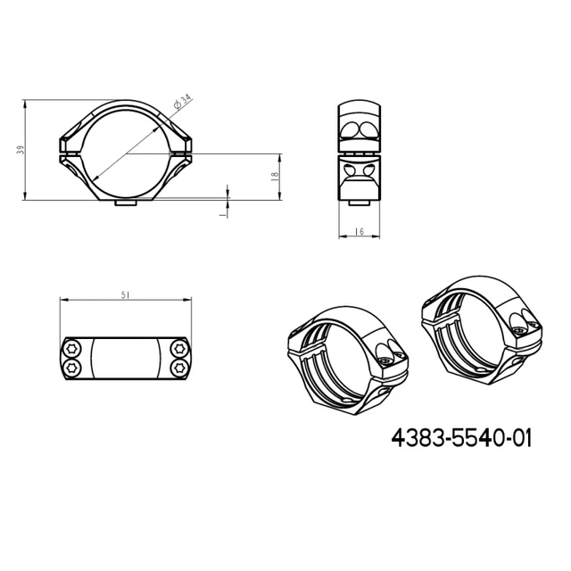 34mm kikkertmontageringe | lang Picatinny QD taktisk base 