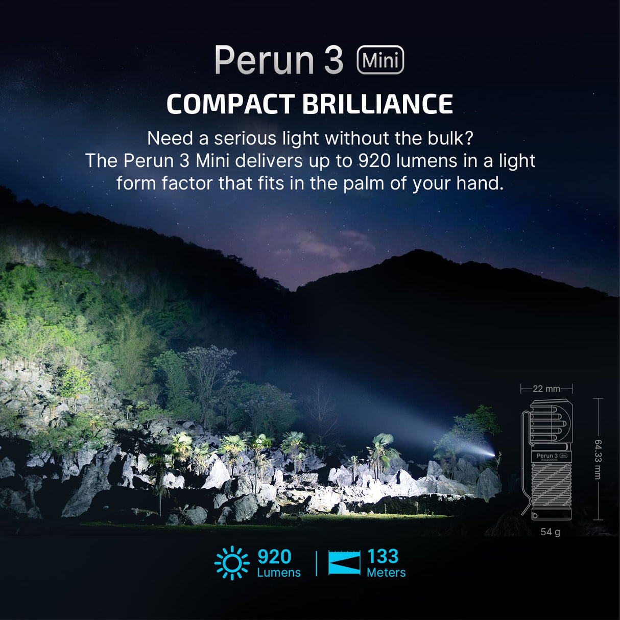 Perun 3 Mini | genopladelig pandelampe | 1 250 lm